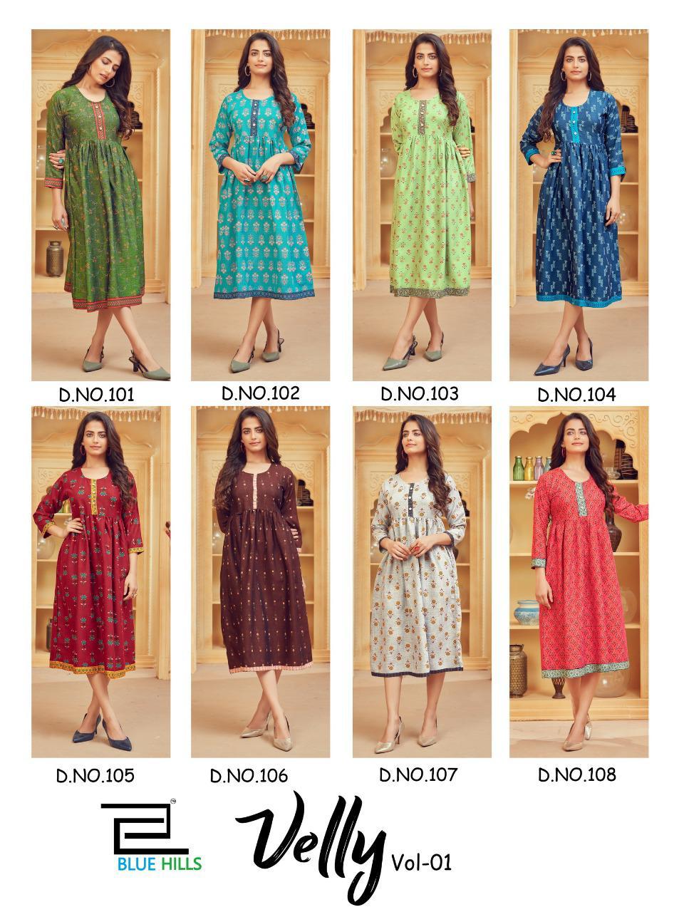 Blue Hills Velly 1 Designers Printed Ethnic Wear Rayon Kurtis Collection
